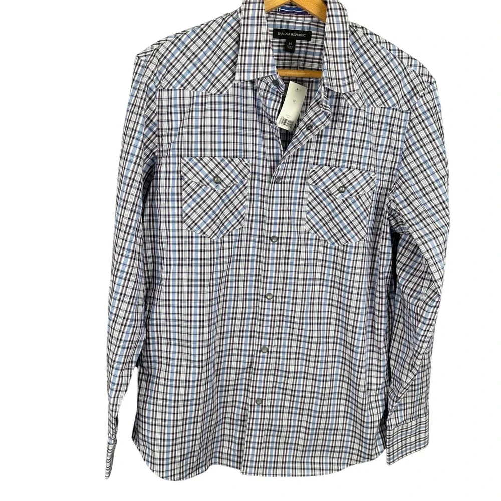 Banana Republic Mens Plaid Western Snap Front Shirt Blue Purple White Size M NWT